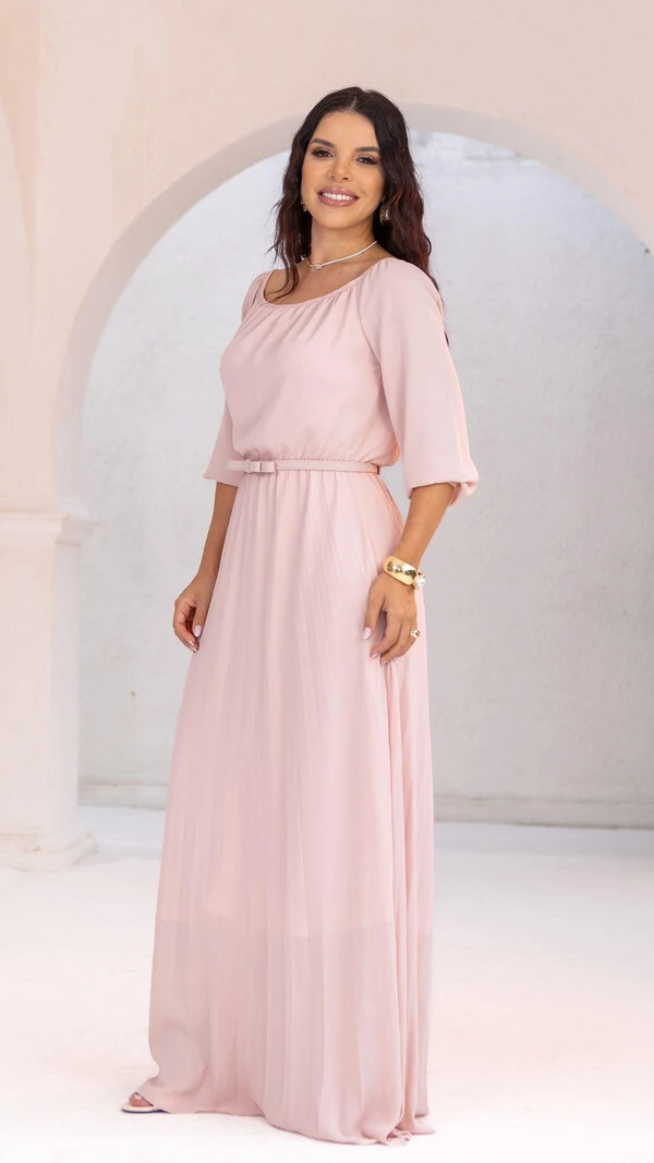 Vestido Longo Rosa Dora Crepe Saia Plissada com Cinto Laço