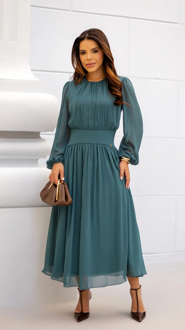 Vestido Max Midi Joquebede em Crepe com Cintura Marcada
