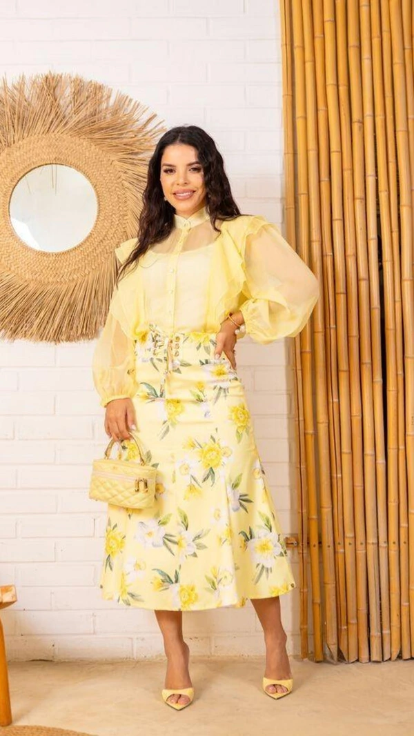Camisa Edite em Organza com Babados Manga Longa