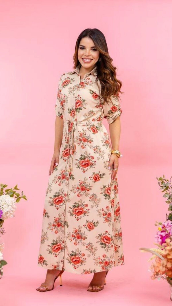 Vestido Longo Floral Chemise Mayla em Viscose com Cordão