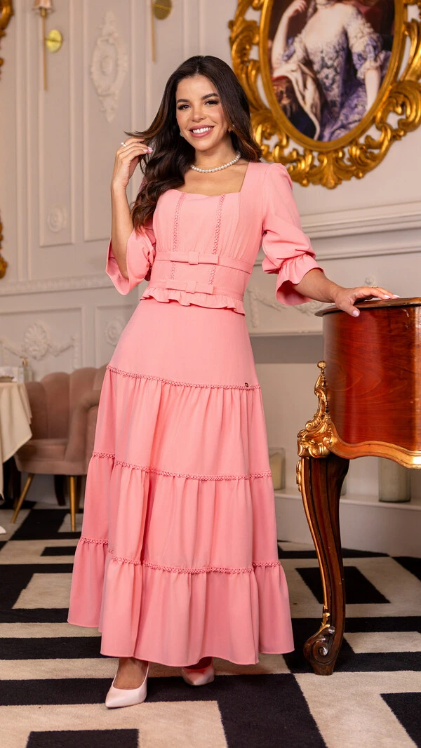 Vestido Max Midi Kira com Entremeios e Laços