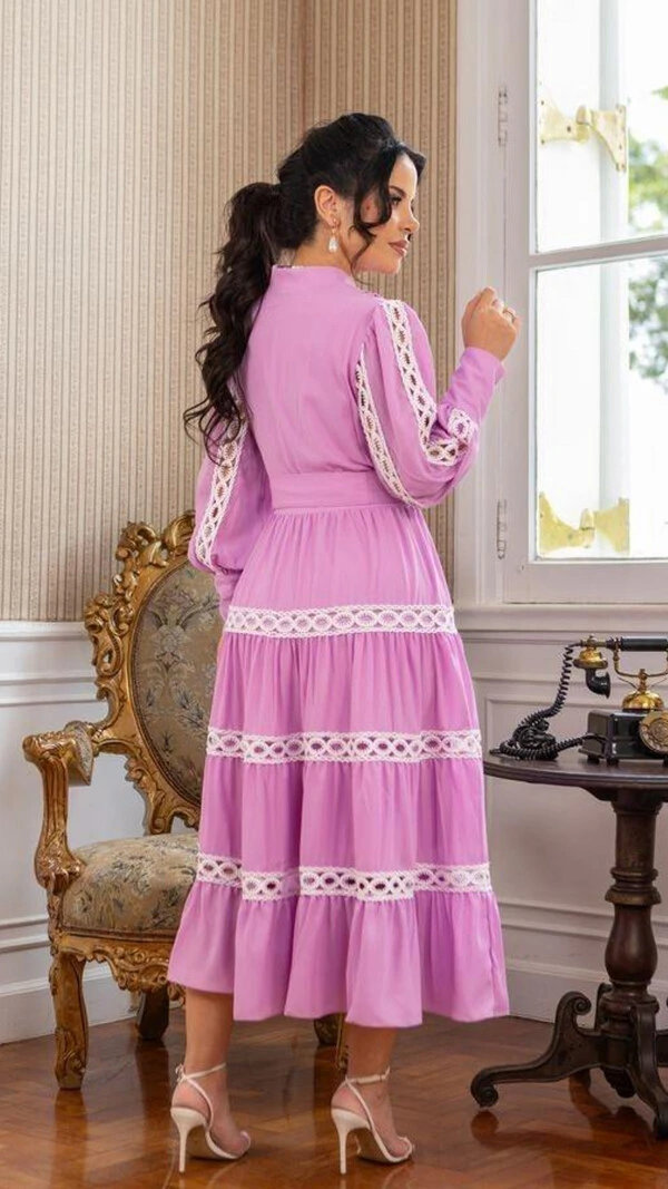 Vestido Midi Lilás Benta Crepe Decote V Saia Marias