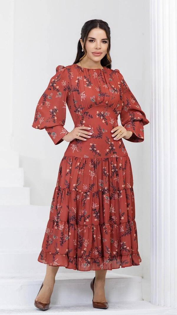 Vestido Longo Telha Noeli Estampa Invernal Manga Longa