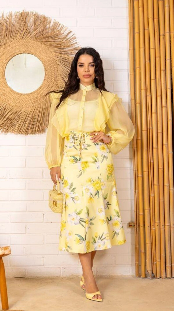 Saia Midi Ariene Estampada com Amarração Frontal