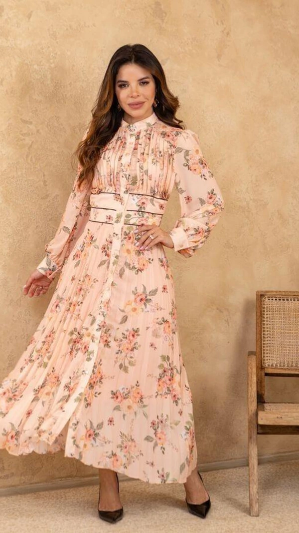 Vestido Longo Floral Evandra Plissado Crepe Gola Colarinho