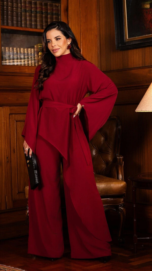 Conjunto Midrina em Crepe Blusa com Veste e Calça Marsala