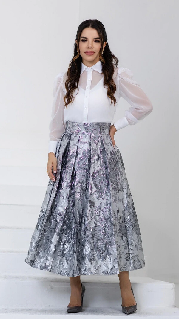 Saia Midi Maia em Jacquard com Pregas Largas