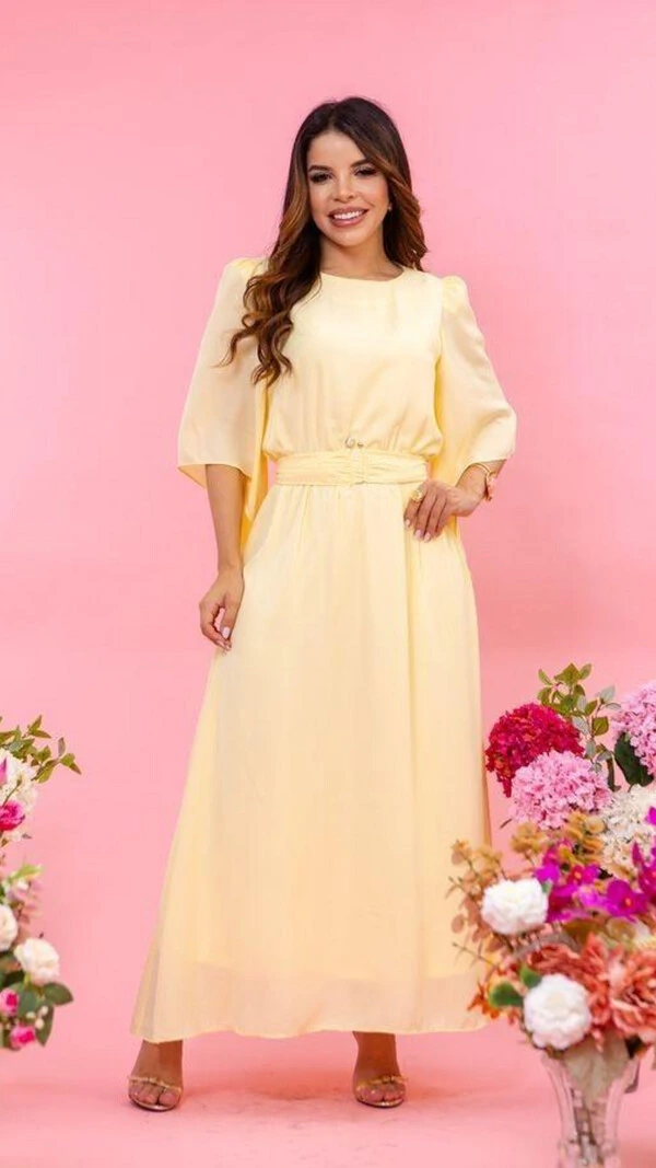 Vestido Longo Manga Fluida Ilana Cinto Faixa Gola Fechada