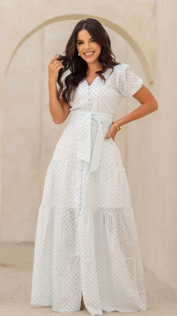 Vestido Longo Azul Geométrico Raika Algodão Três Marias