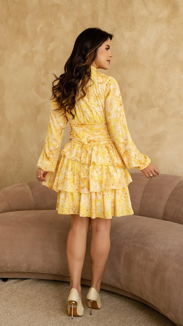 Vestido Curto Amarelo Cassandra Poliéster Acinturado