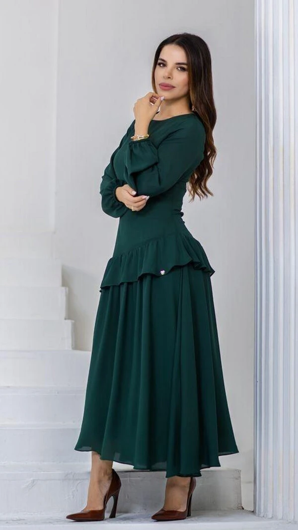 Vestido Longo Crepe Suzete Corset Babados Assimétricos
