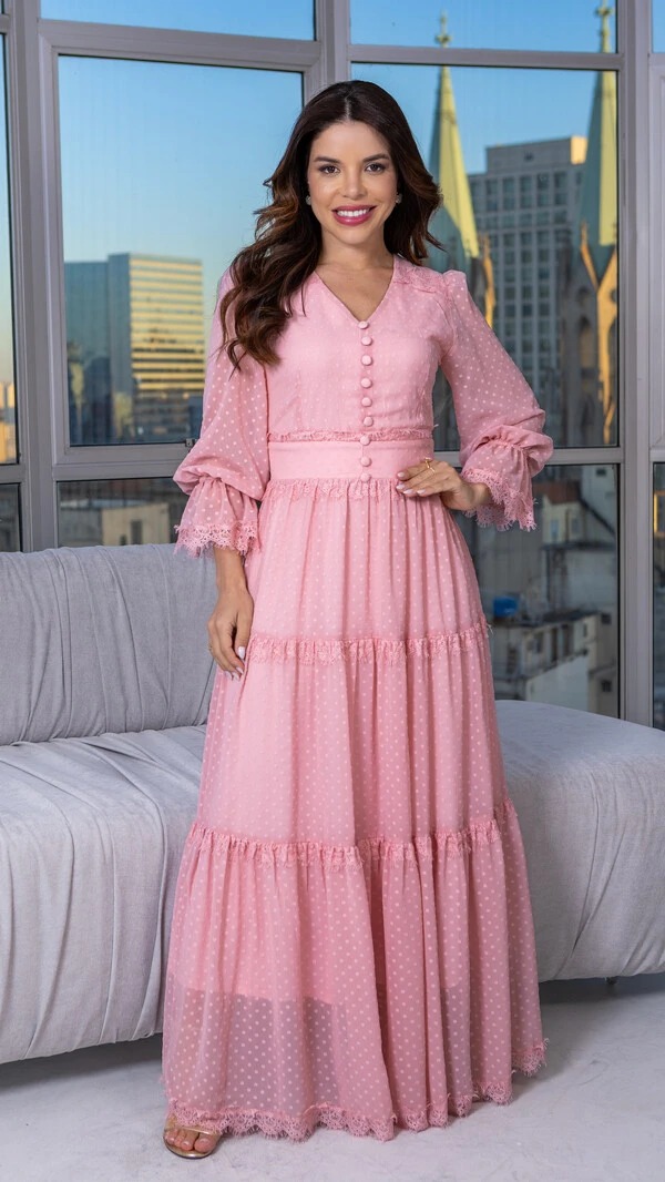 Vestido Longo Derya com Renda Chantilly e Botões