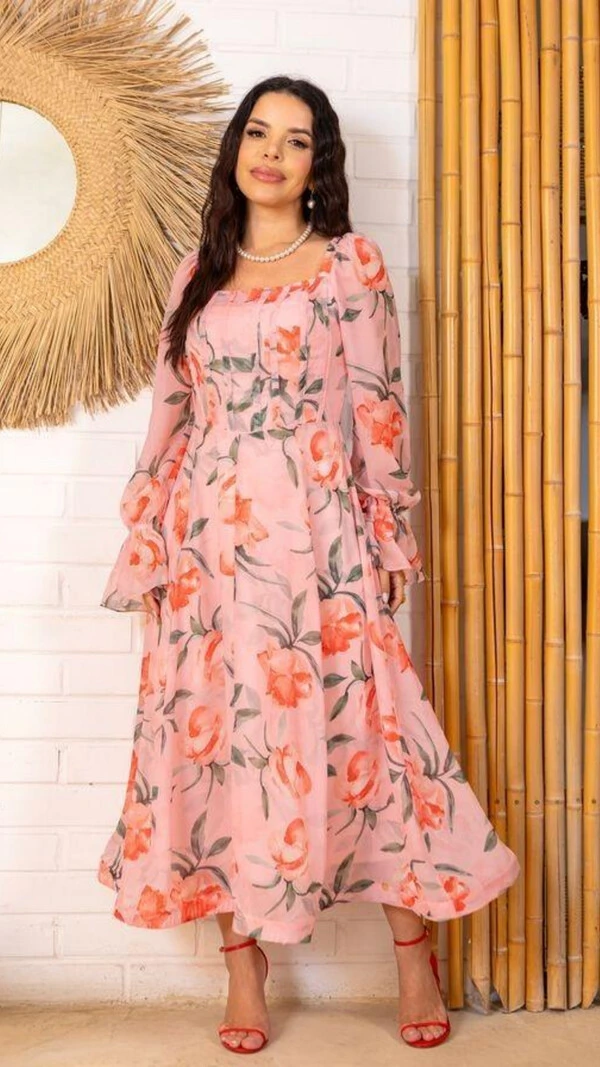 Vestido Midi Rosa Floral Siena Crepe Decote Quadrado