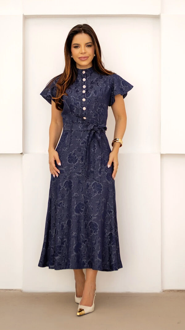 Vestido Max Midi Mauricia em Jacquard de Viscose