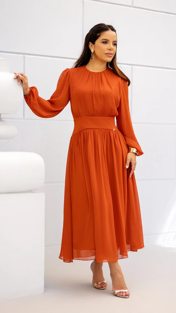 Vestido Max Midi Joquebede em Crepe com Cintura Marcada