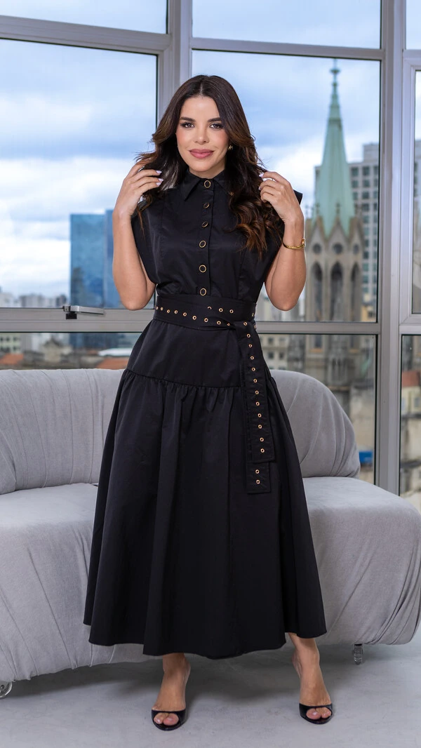 Vestido Max Midi Noemia com Cinto de Ilhós e Botões