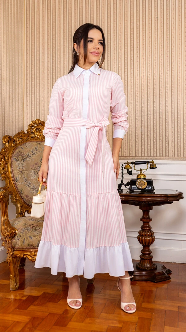 Vestido Max Midi Azenate Listrado com Faixa e Babados