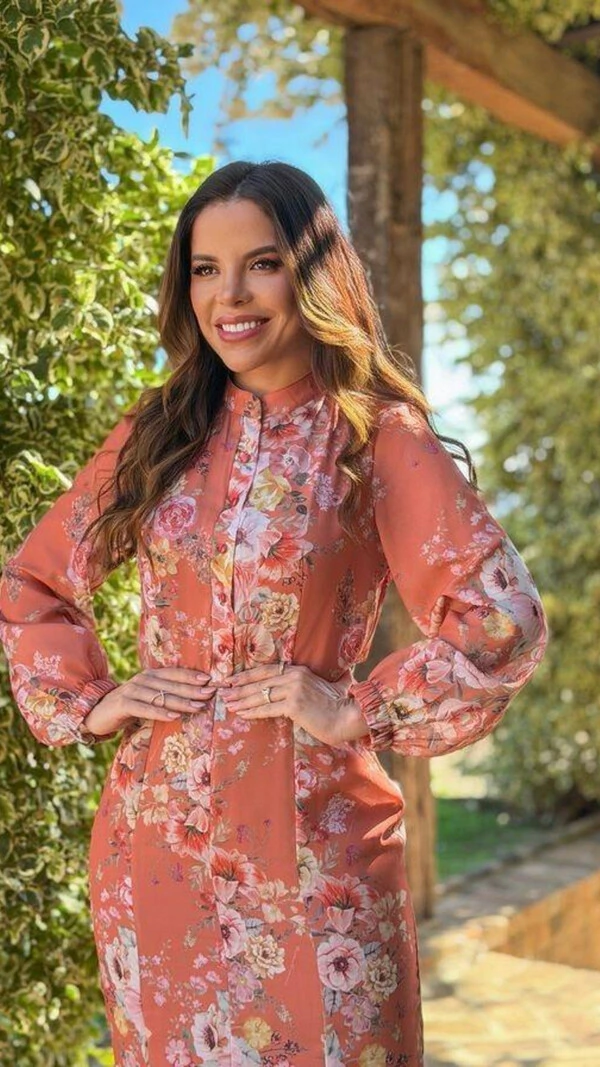 Vestido Longo Floral Sereia Julieta em Crepe com Cinto