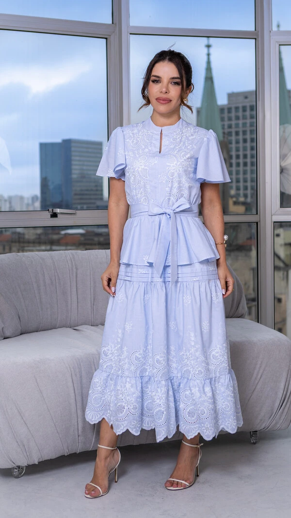 Vestido Max Midi Enne em Laise com Faixa para Amarração