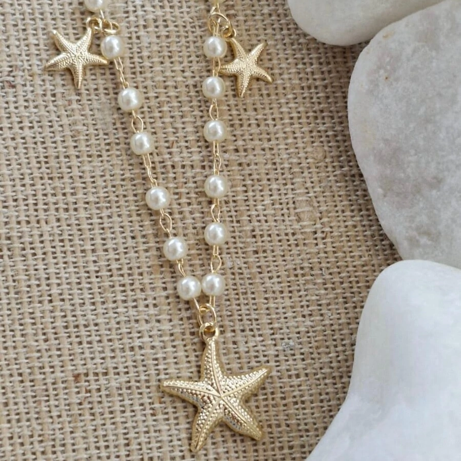 FotoColar Perolinhas com Pingentes Estrelas do Mar em Dourado