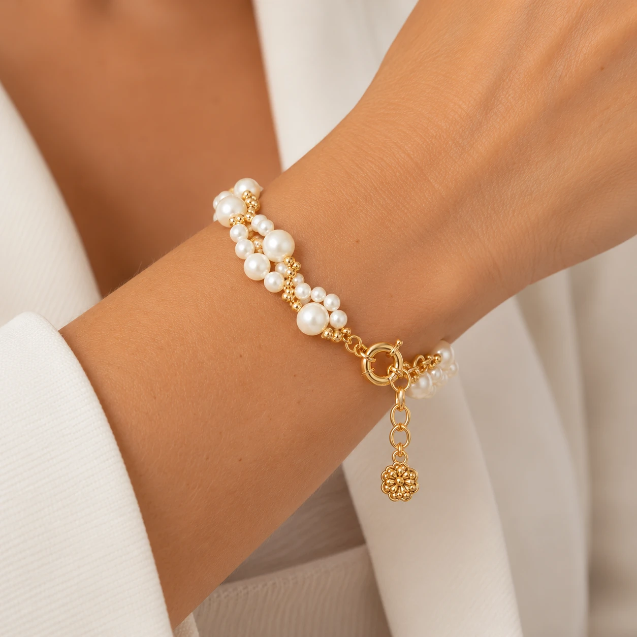 Foto Pulseira Pérola Shell com Bolinhas em Dourado