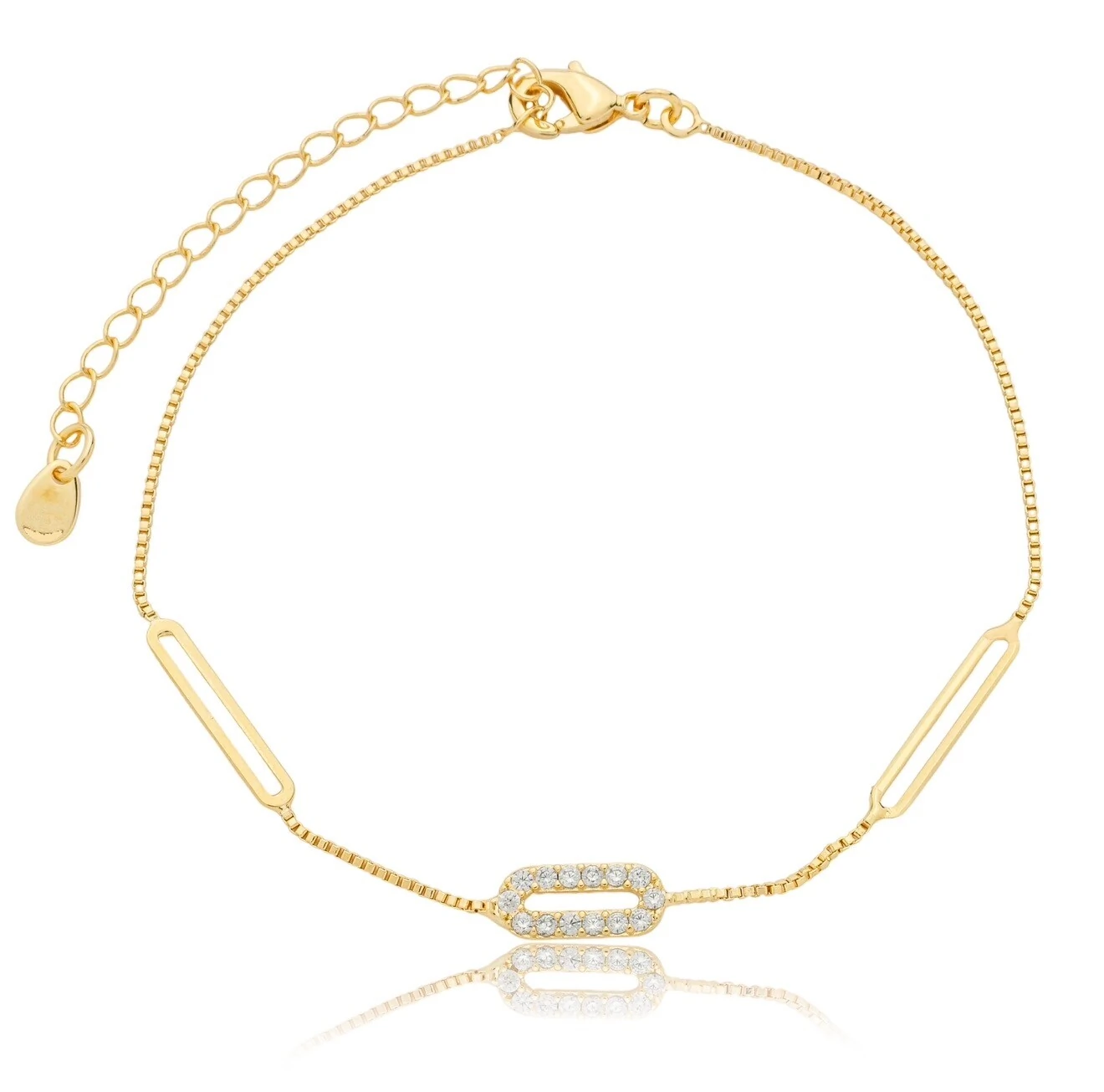 FotoPulseira Delicada com Retângulo Liso e Cravejado com Zircônias em Dourado