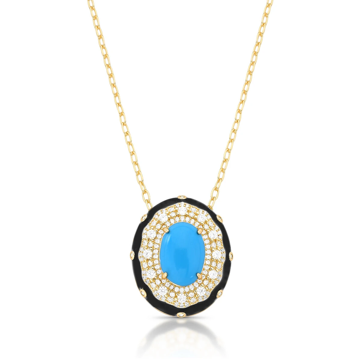 FotoColar Pingente Oval com Turquesa, Esmaltado em Preto com Zircônias