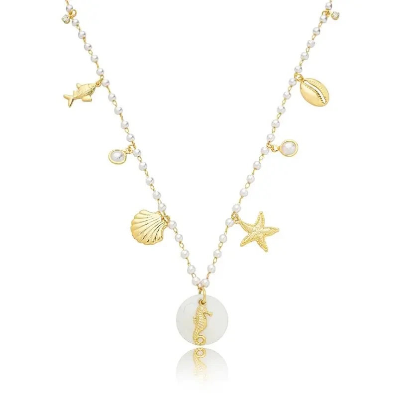 FotoColar Pérolas com Pingentes Pérola, Madrepérola e Dourado em Dourado