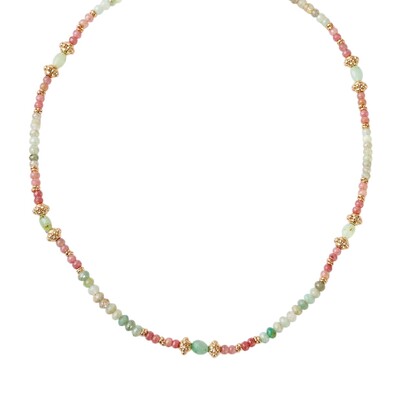 Foto Colar Rodicrosita e Amazonita Entremeios Dourados