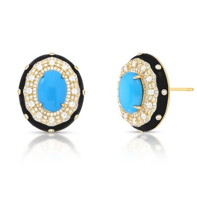 Foto Brinco Oval com Turquesa, Esmaltado em Preto com Zircônias