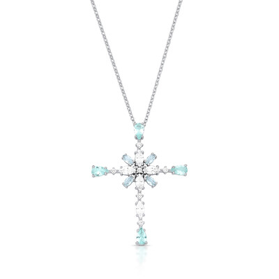 Foto Colar com Cruz Grande com Água Marinha Fusion e Zircônias em Prata 925
