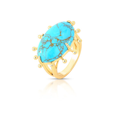 Foto Anel Turquesa Oval com Bolinhas Laterais em Dourado