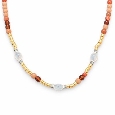 Foto Colar Pedra Natural Marrom com Perolinhas em Dourado