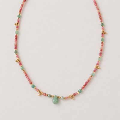 Foto Colar Rodicrosita e Amazonita Entremeios Dourados