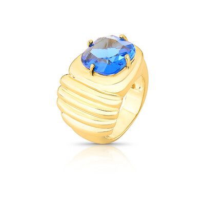 Foto Anel Grande Cristal Azul em Dourado