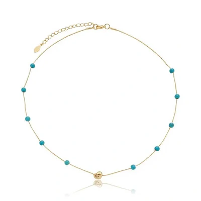Foto Colar Fino com Bolinhas de Turquesas em Dourado