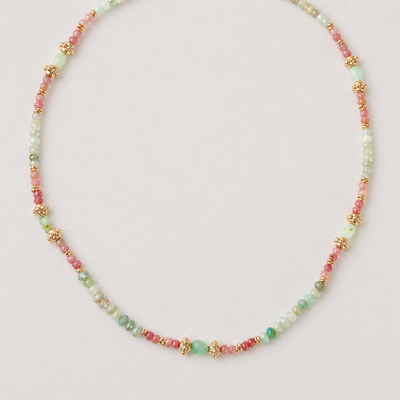 Foto Colar Rodicrosita e Amazonita Entremeios Dourados