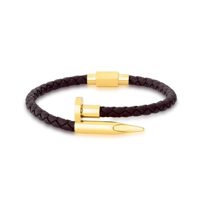Foto Pulseira Couro Marrom com Prego Dourado em Aço