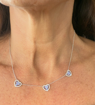 FotoColar Com 3 Coraçoes com Zircônias e Tanzanitas em Prata 925
