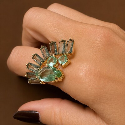 FotoAnel Gota Aquamarine e Baguetes Cinzas em Dourado