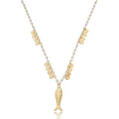 Foto Colar Perolinhas com Plaquinhas e Peixinho em Dourado