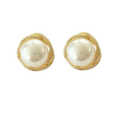 Foto Brinco Pressão Pérola com Zircônias em Dourado