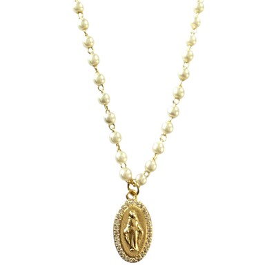 Foto Colar Perolinhas com Pingente Nossa Sra Aparecida Cravejado com Zircônias em Dourado