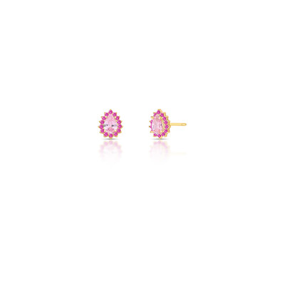 Foto Brinco Gota Quartzo Rosa com Rubelitaa em Dourado
