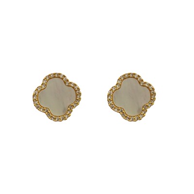 Foto Brinco Trevo Madrepérola Cravejado com Zircônias em Dourado