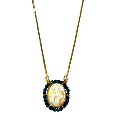 Foto Colar Nossa Senhora Oval em Madrepérola com Rondel em Volta em Dourado