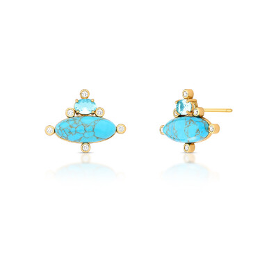 Foto Brinco Turquesa Oval com 1 Cristal Azul e 6 Zircônias em Dourado