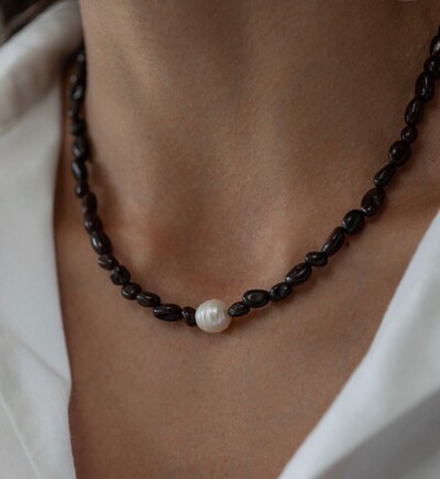 Foto Colar Pedra Natural com Pérola de Água Doce em Ródio