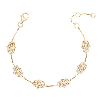 Foto Pulseira Mão de Fátima Cravejada com Zircônias em Prata 925 + Banho de Ouro