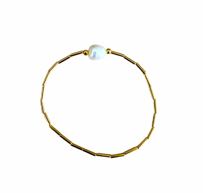 Foto Pulseira Canutilhos Dourados e Pérola Água Doce